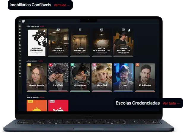 Plataforma da Comunidade Living Japan mostrando imobiliárias confiáveis e escolas credenciadas