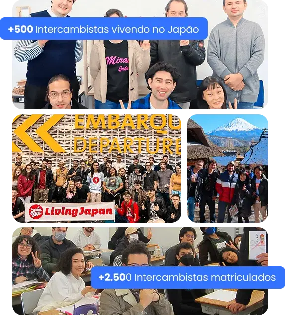 Intercambistas da Living Japan no Japão - Collage de fotos mostrando +500 intercambistas vivendo no Japão e +2.500 matriculados